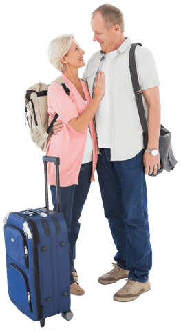 Happy Senior Couple Traveling with Luggage on Transparent Background