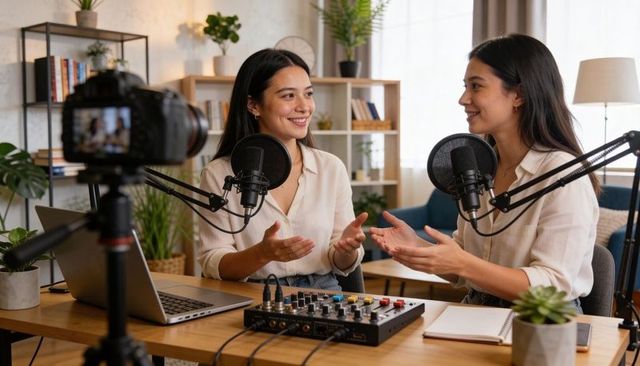 Two Asian co-hosts recording conversational podcast in cozy home studio with DSLR and mixer