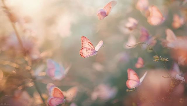 Pastel butterflies fluttering over sunlit meadow in dreamy pink and peach ethereal scene