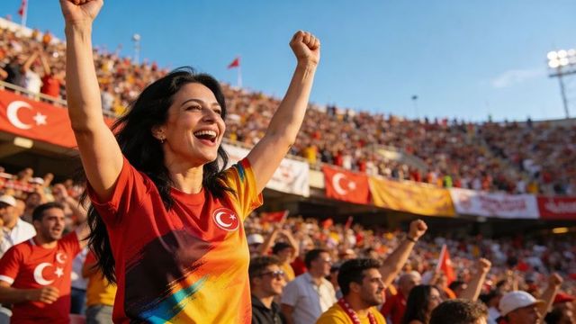 Triumphant turkish football fan cheering in stadium with raised arms and flags