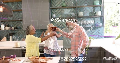 Multigenerational friends toasting at modern kitchen island with digital data overlay
