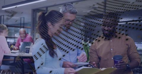 Business Professionals Collaborating in Modern Office with Digital Overlay