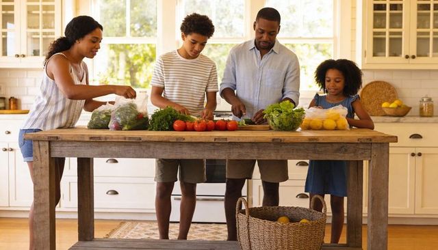 Family preparing fresh vegetables together at rustic sunlit kitchen island during summer