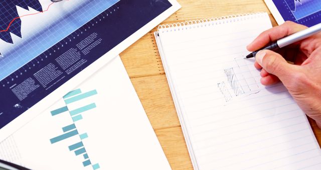 Person creating financial reports using graphs and charts. Useful for financial, business, or economic planning themes. Ideal for illustrating concepts of data analysis, economic strategies, or business reporting processes. Suitable for websites, presentations, or blogs discussing financial planning, data interpretation, and business forecasting.