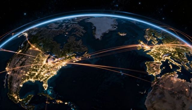Global night connectivity over north atlantic with illuminated cities and dynamic data trails