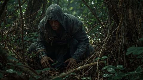 Mysterious hooded assassin figure crouching in dense forest