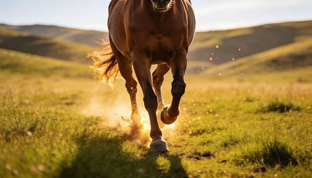 Galloping brown horse kicking sunlit dust across meadow at golden hour, backlit motion