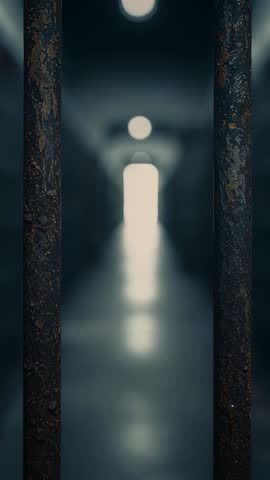 Framing rusted bars on vertical corridor with bright exit light and floor reflection