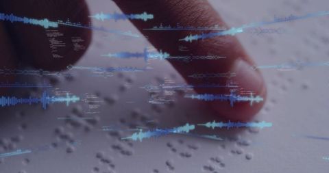 Finger tracing braille while audio waveforms visualizing assistive technology and accessibility