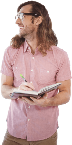 transparent cheerful hipster holding notebook and pen - Download Free Stock Videos Pikwizard.com