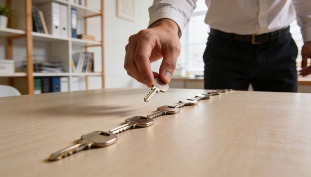Businessman reaching for key from row of metal keys on wooden office desk