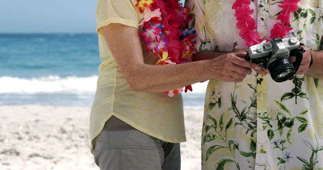 Senior Couple Enjoying Beach Vacation with Camera and Leis - Download Free Stock Images Pikwizard.com