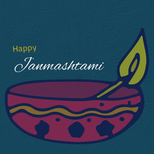 Illustrative representation of a diya lamp with 'Happy Janmashtami' text on a blue background. This image is perfect for creating festive greeting cards, social media posts, or email banners celebrating Krishna Janmashtami. It can be used in cultural and spiritual contexts, especially during Indian festivals. Ideal for increasing festive engagement among followers and spreading warm wishes.