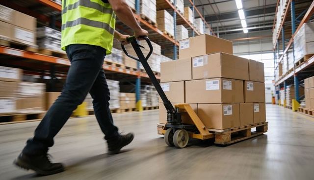 Warehouse worker pushing pallet jack stacked with labeled boxes along distribution aisle