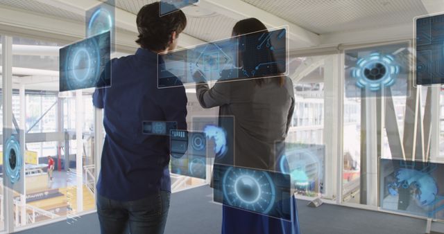 Business professionals are collaboratively using holographic interfaces in a modern office, showcasing technology and innovation. Useful for depicting the future of work, advanced digital interfaces, and collaborative environments. Can be used in articles or advertisements related to technological advancements, office productivity tools, and business innovation.