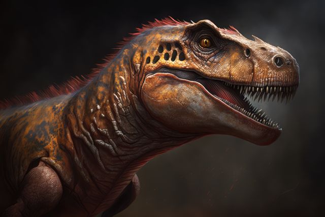 Highly detailed illustration of a fierce dinosaur displaying its sharp teeth. Useful for educational materials, dinosaur-related content, children's books, museum exhibits, and websites focusing on prehistoric life.