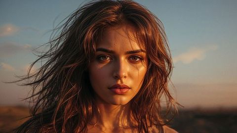 Beautiful lady gazing intently at sunset in desert calm