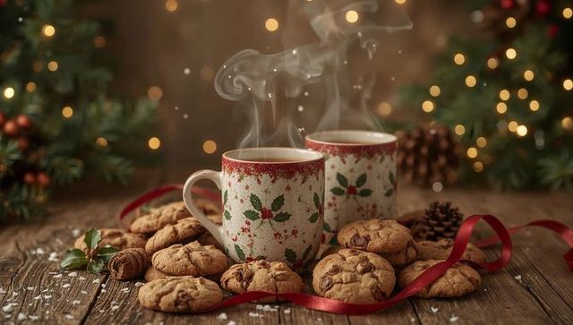 Steaming holiday mugs with holly design and chocolate chip cookies on rustic wooden table