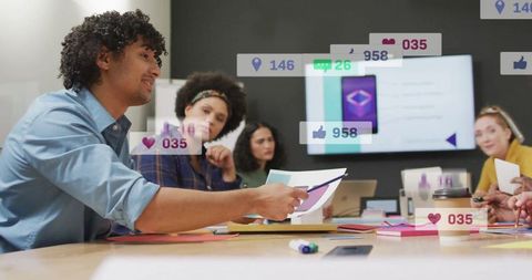 Diverse Team Brainstorming Social Media Engagement Strategies