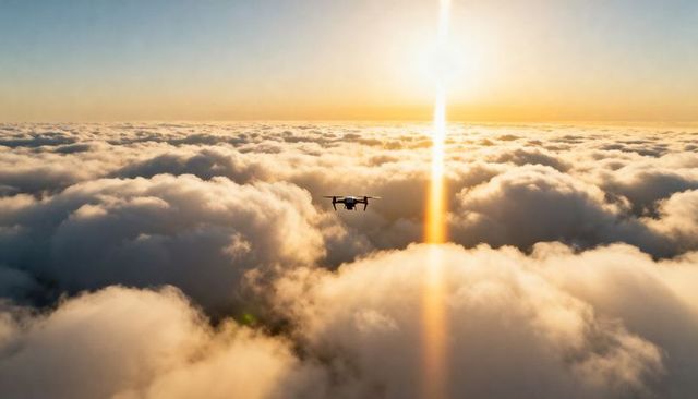 Quadcopter drone hovering above golden cloudscape at sunrise with dramatic sun flare