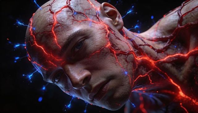 Bioluminescent cybernetic man with glowing vascular veins and neon energy sparks