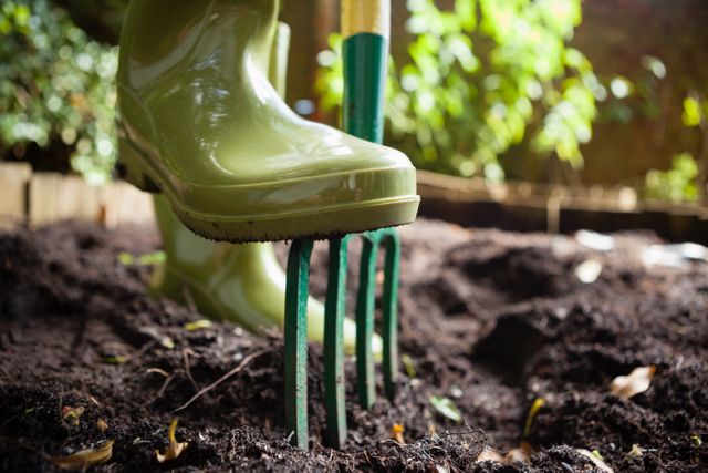 This image shows a close-up of a woman standing in a backyard garden, using a fork to work the soil. She is wearing green boots, and the focus is on the gardening tools and soil. Ideal for articles, blogs, or advertisements related to gardening, outdoor activities, sustainable living, and horticulture.