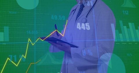 Doctor with digital charts analyzing medical data on green background