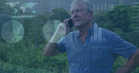 Elderly Man Using Smartphone with Digital Financial Overlay