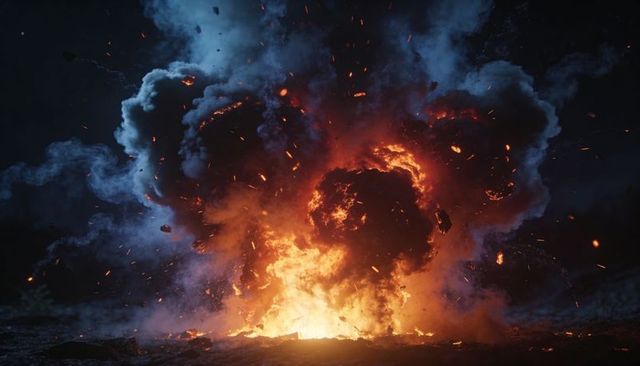 Erupting fireball at night throwing thick smoke plumes and glowing embers