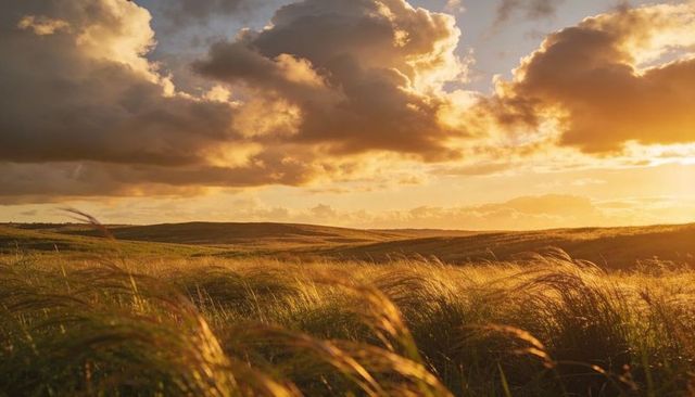Golden dune grasses swaying in sunrise light under dramatic cloudscape and rolling horizon