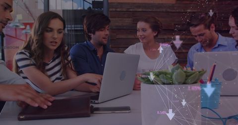 Diverse Team Collaborating on Data Analytics with Technology Overlay