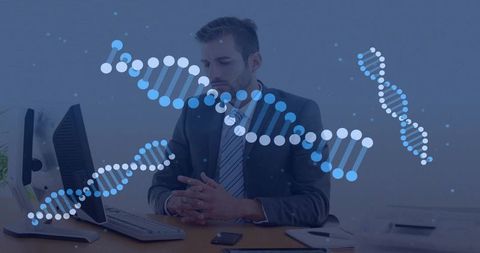 Executive contemplating genomic data at computer with dna double helix overlay