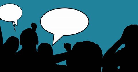 Silhouetted People with Speech Bubbles on Blue Background