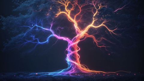 Neon dreaming tree radiating multicolor illumination in night forest