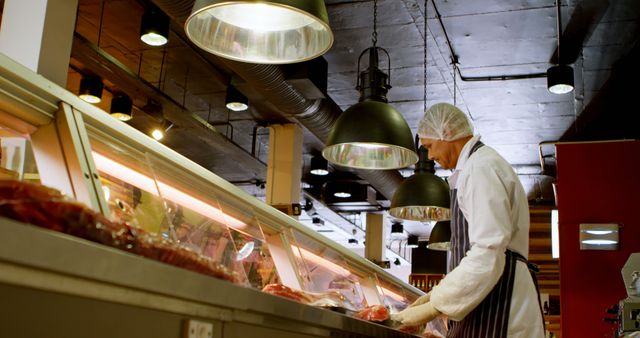 Butcher Arranging Meat in Supermarket Display Case with Precision - Download Free Stock Images Pikwizard.com