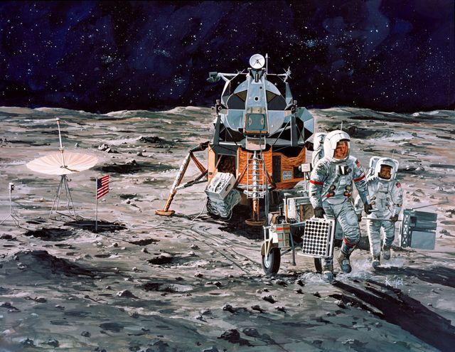 S71-16102 (January 1971) --- A Grumman Aerospace Corporation artist's concept of Apollo 14 crewmen, astronauts Alan B. Shepard Jr., commander, and Edgar D. Mitchell, lunar module pilot, as they set out on their first traverse. Shepard is pulling the Modularized Equipment Transporter (MET) which contains cameras, lunar sample bags, tools and other paraphernalia. Shepard has the Laser Ranging Retro-Reflector (LR3) in his other hand. Mitchell is carrying the Apollo Lunar Surface Experiments Package (ALSEP) barbell mode.