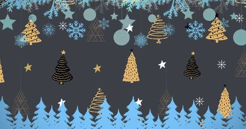 Christmas Decorations Over Festive Trees and Stars