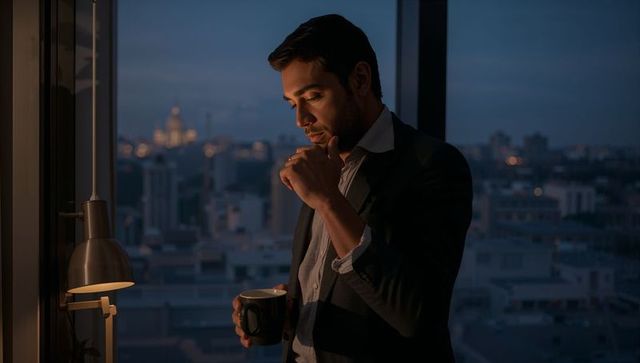 Contemplating businessman holding coffee mug at high-rise window at dusk with city skyline