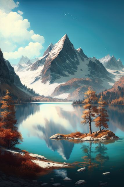 This vivid representation of a tranquil mountain landscape features a crystal-clear lake reflecting the surrounding snow-capped peaks and colorful autumn trees. Ideal for travel brochures, nature posters, environmental campaigns, and outdoor adventure advertisements. The serene atmosphere and vibrant colors can also enhance relaxation spaces in homes or offices.