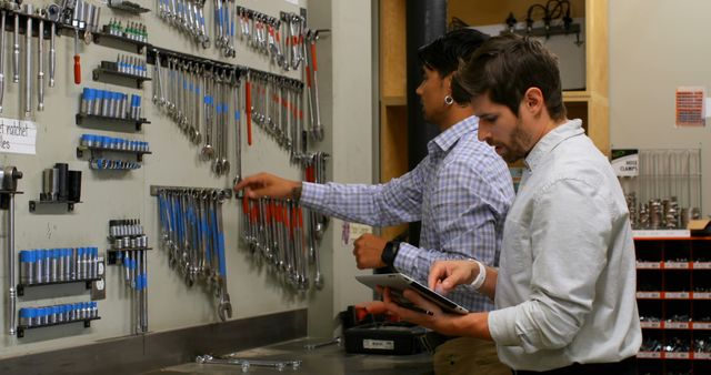 Engineers Organizing Tools in Workshop and Using Digital Tablet - Download Free Stock Images Pikwizard.com