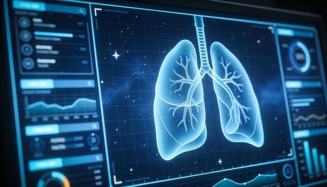 Futuristic digital lung diagnostic interface with 3d trachea visualization and analytics