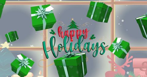 Festive green gift boxes with happy holidays text