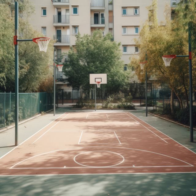 Outdoor basketball court in a residential area illuminated by sunlight. Multiple hoops stand tall with apartment buildings in the background. Ideal for urban recreation themes, community sports activities, and city living concepts.