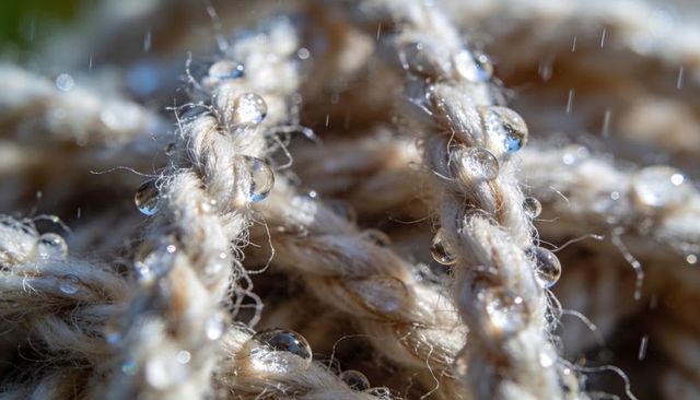 Glistening natural-fiber twine with water droplets, macro close-up of wet rope texture
