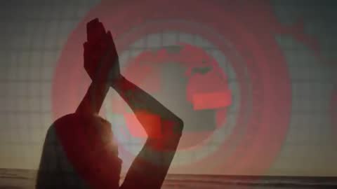 Woman Raising Arms in Prayer with Pulsating Digital Globe Overlay