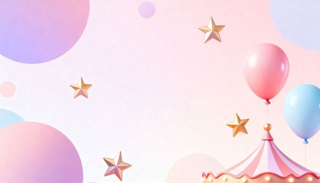 Dreamy pastel carnival background featuring striped carousel canopy, balloons, gold stars