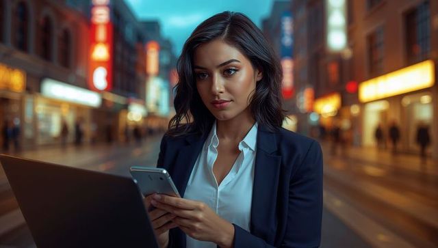Businesswoman Communicating with Smartphone on Neon City Street
