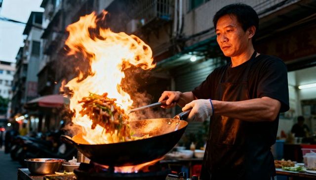 Street chef flipping stir-fry over dramatic wok flame in night market alley at dusk
