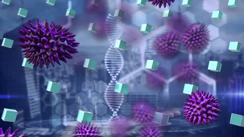 Futuristic Visual of COVID-19 Cells with DNA Strands in Urban Background