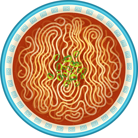 Transparent bowl of asian noodles in red broth